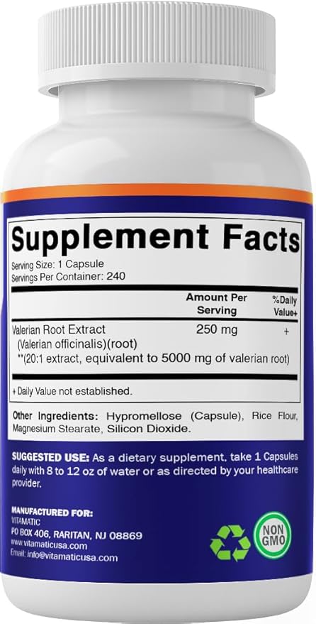 Vitamatic Valerian Root 5000mg Equivalent Per Serving (from 20:1 Extract 250 mg) - 240 Capsules - 20X Concentrated Extract