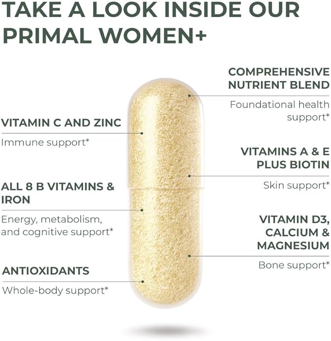 Primal Harvest Women+, Woman's Multivitamin Vitamin A, Vitamin C, Vitamin D and E, Vitamin B12, B6, Biotin, Zinc Supplements,1 Pack 60 Capsules