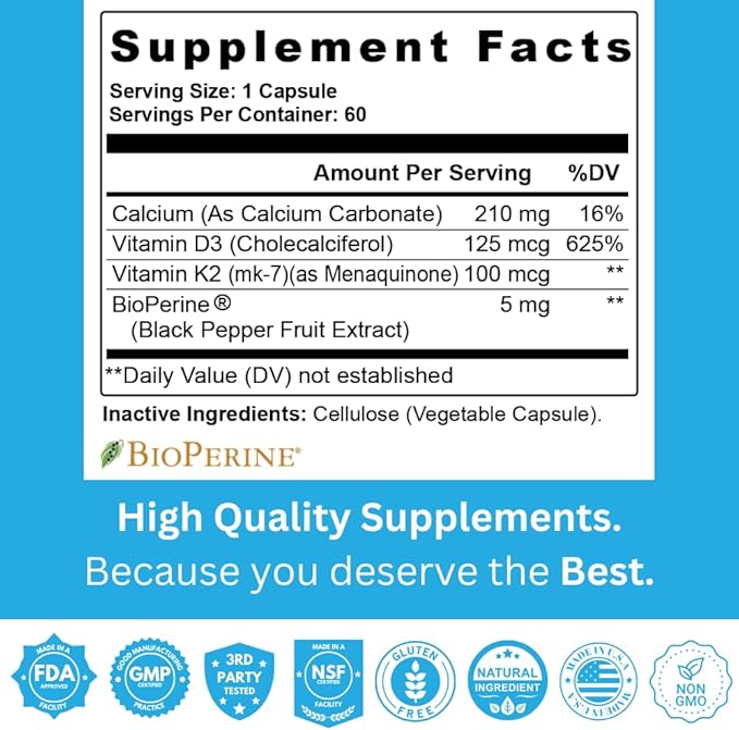 Vitamin K2 D3 w/Calcium and Bioperine, Vitamin K2 (MK7) with D3 Supplement Non-GMO, Vitamin D3, Vitamin K2 MK-7 Easy to Swallow Vitamin D & K Complex, 60 Capsules