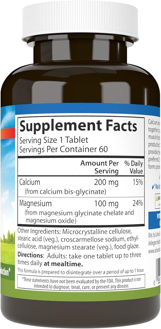 Carlson - Chelated Cal-Mag, 2:1 Calcium to Magnesium Ratio, Bone Support, Muscle Function & Energy Production, 60 Tablets