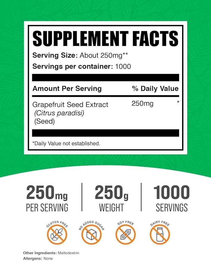BulkSupplements.com Grapefruit Seed Extract Powder - Grapefruit Seed Supplements, Antioxidant Source - Herbal Supplement, Gluten Free, 250mg per Serving, 250g (8.8 oz) (Pack of 1)