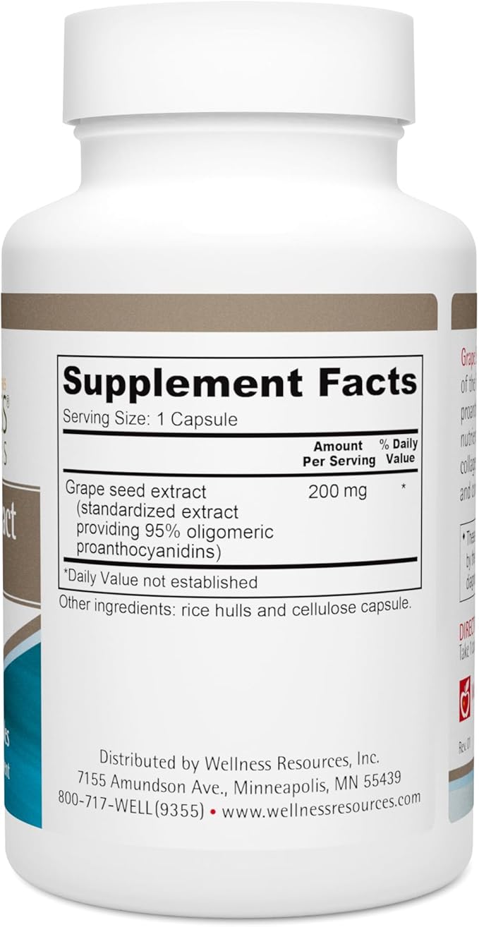 Wellness Resources Grape Seed Extract Supplement, Highest Potency 95% OPC, Supports Collagen Integrity, Vein Health, and Immunity (100 Capsules, 200mg per Capsule)