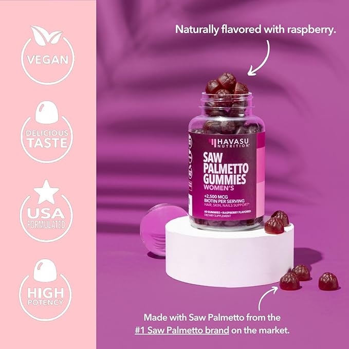 Saw Palmetto for Women with 2500mcg Biotin - DHT Blocker and Hair, Skin, Nail Health Gummies - 120 Count - Supports Stronger and Fuller Looking Locks and Radiant Skin - Vegan, Non-GMO, 2 Month Supply