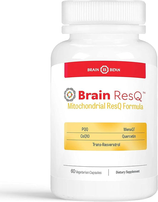 Brain ResQ Advanced Mitochondrial Formula with PQQ, CoQ10, Trans Resveratrol, MenaQ7 & Quercetin Supplement - 100mg of CoQ10 & 15mg PQQ – Supports Brain, Heart & Cellular Health – 60 Capsules