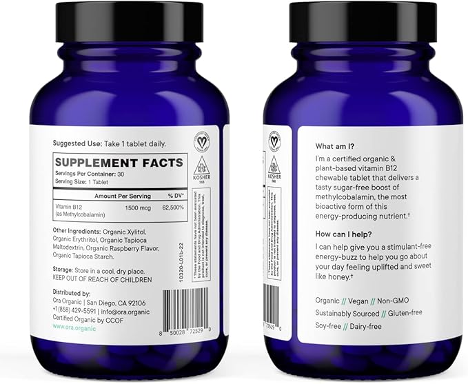 Ora Organic Vitamin B12 1500mcg - Plant-Based methylcobalamin for Adults - Natural Stimulant-Free Energy, Raspberry Flavor chewable Tablets, no Added Sugar - 30 Tablets