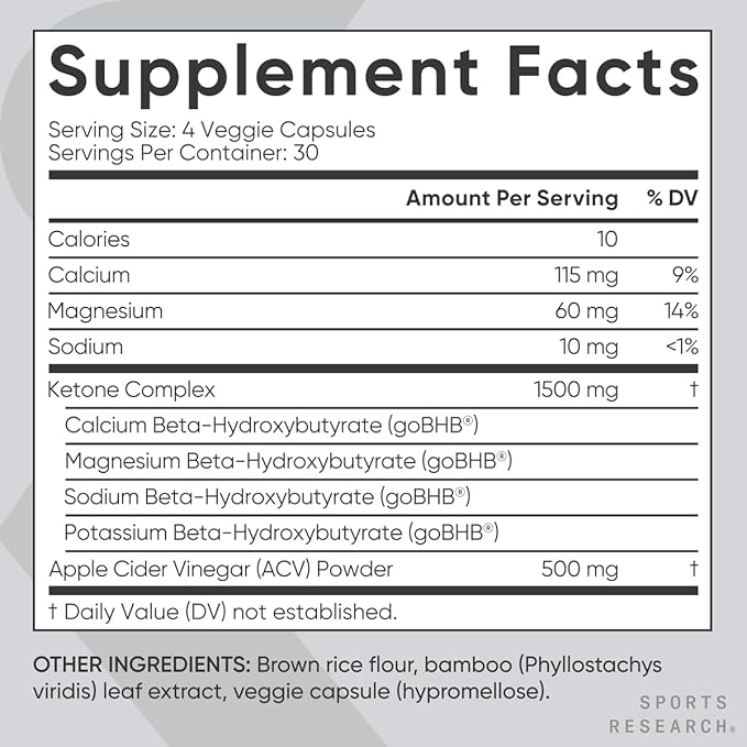 Sports Research® Keto Plus ACV Capsules - Diet Support with 500mg of Apple Cider Vinegar & 1500mg goBHB® Exogenous Ketones - Gluten Free & Keto Certified - 120 Veggie Capsules