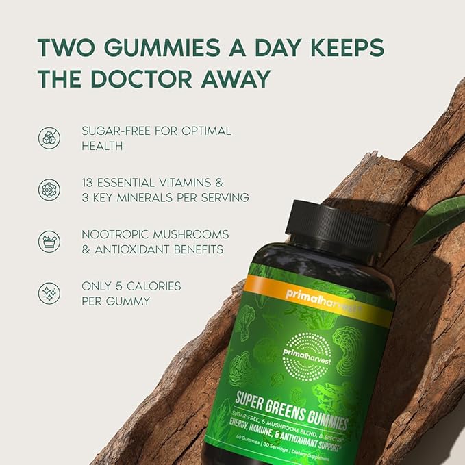 Primal Harvest Super Greens Gummies, Superfood Blend with Adaptogenic Mushrooms Vitamins & Nutrient-Rich Minerals & Antioxidants for Energy & Immune Support (1 Pack (60 Count), Berry)