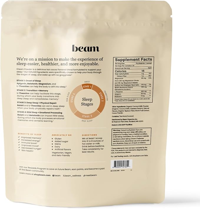 Beam Dream Sleep Powder, Natural Sleep Aid and Magnesium Hot Cocoa Drink for Adults, Calming Sleep Supplement with Apigenin, Nighttime Sleep Drink Powder, Third Party Tested Supplement, 30 Servings