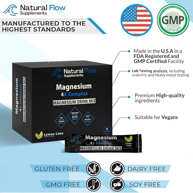 Magnesium Powder Drink Mix Packs - Lemon/Lime - Natural Flow 4X Magnesium Glycinate, Taurate, Malate, Orotate Supplement, Calm Sleep and Cramp Support Blend, No Mag Citrate or Oxide, 30 Stick Packs