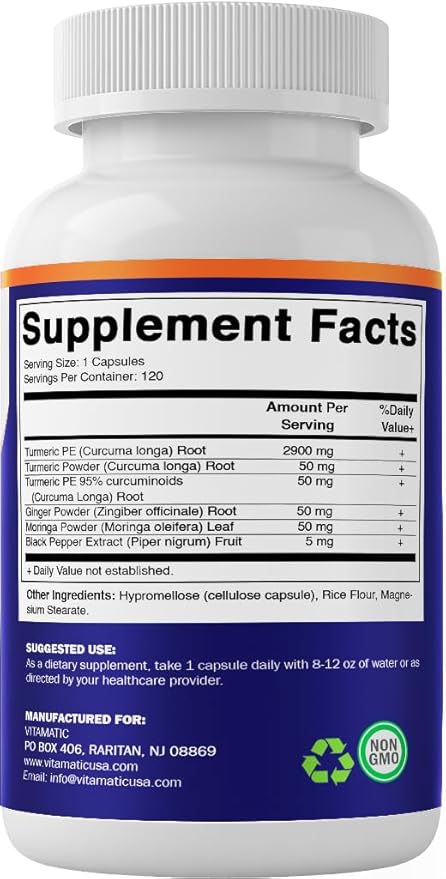 Vitamatic Turmeric Curcumin Supplement 3000 mg Equivalent Per Serving, Made with 95% Curcuminoids, Black Pepper, Ginger, Moringa, 120 Vegetable Capsules, Non-GMO, Gluten Free (120 Capsules)