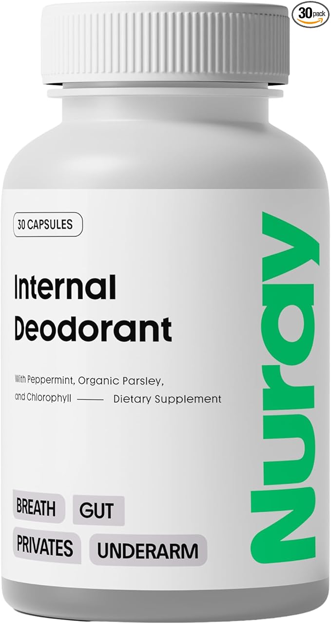Nuray Internal Deodorant Supplement | Natural Chlorophyll 30 Capsules for Body Odor Control, Gut Health, and Fresh Breath | Vegan, Detox Support, & Skin Health | Odor Eliminator for Men & Women