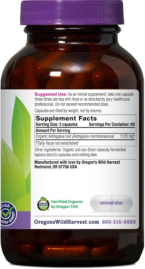 Oregon's Wild Harvest Non-GMO Certified Organic Astragalus Capsules Long Term Immune Support Herbal Supplements-180 Count