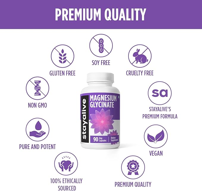 STAY ALIVE Chelated Magnesium Glycinate 500mg, High Absorption, 90 Capsules, 100% Pure Glycinate Powder, Extra Strength Magnesium Supplement for Women and Men, Non-GMO & Gluten Free Pills