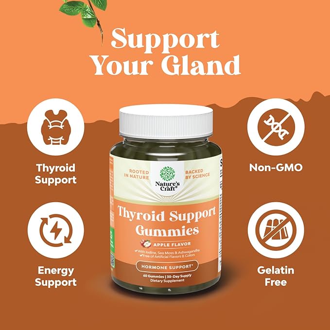Natures Craft Vegan Thyroid Gummies with Sea Moss - Thyroid Support Gummies for Comprehensive Support for Men and Women with Iodine Selenium and Other Potent Vitamins - Gelatin-Free Non-GMO 60