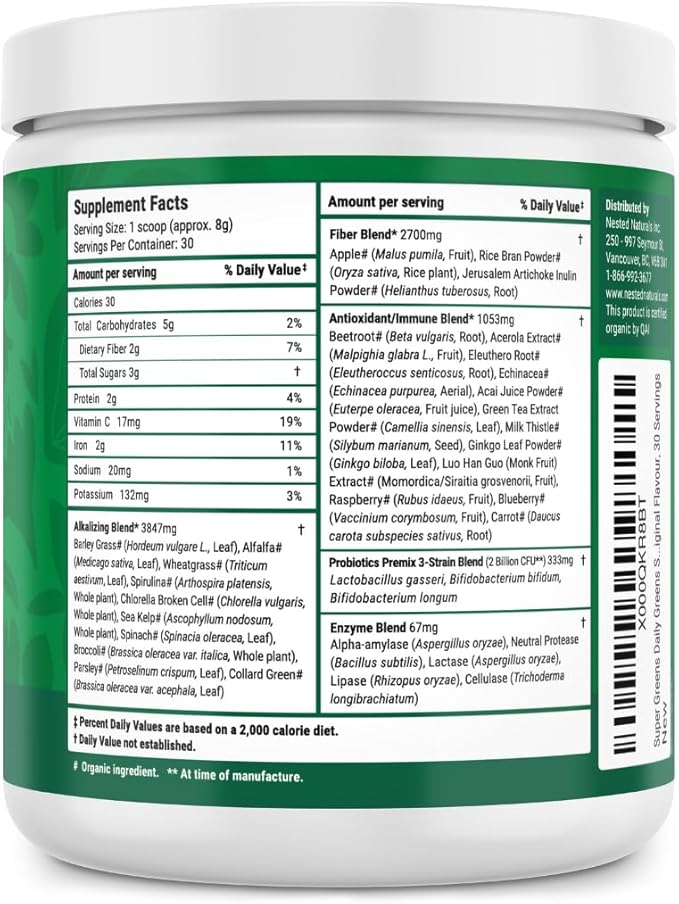 Super Greens Daily Greens Superfood Powder - Certified USDA Organic Green Powder w/20+ Whole Foods, Spirulina Powder, Wheat & Barley Grass - Probiotics, Fiber & Enzymes - Original Flavour, 30 Servings