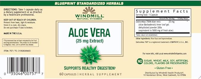 Windmill Natural Vitamins Aloe Vera (25mg Extract) 60 Capsules (Pack of 2)