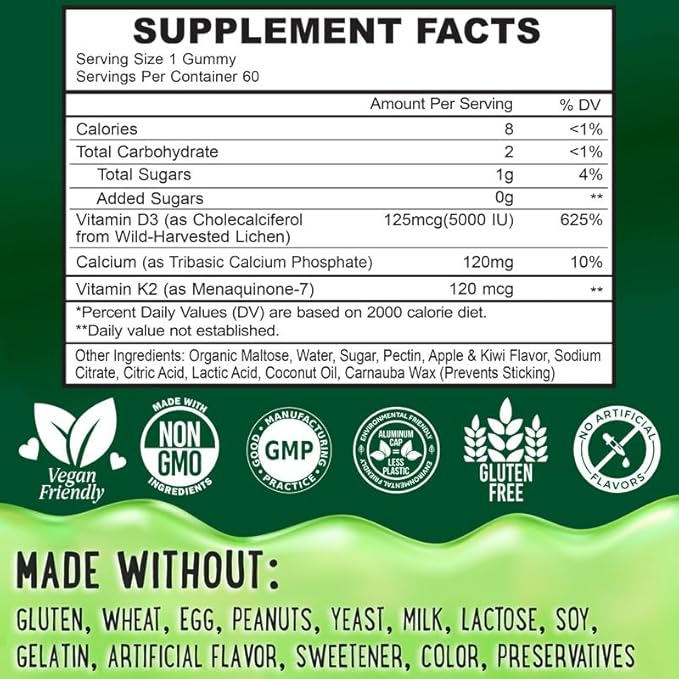 Center-Filled Vitamin D3 K2 Gummies - Kids, Teens & Adults - Supplement for Healthy Teeth, Bone, Energy & Immunity - 5000 IU D3, 120 mcg K2(MK-7), 120 mg Calcium - Vegan & Non-GMO - 60 Count