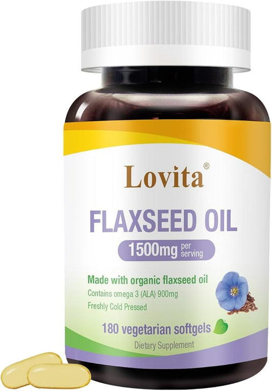 Lovita Organic Cold-Pressed Flaxseed Oil : 1500mg with 900mg ALA Omega-3. Vegan. 180 Softgels