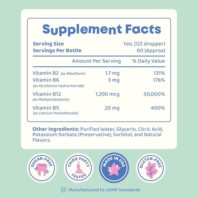 JoySpring Burst B12 Drops - Vitamin B Complex for Kids (2 fl oz) B2, B6, B5 + Methylcobalamin B12 Children Supplement to Support Healthy Growth & Development, Vegan B12, Ages 2-16+ | 60 Servings