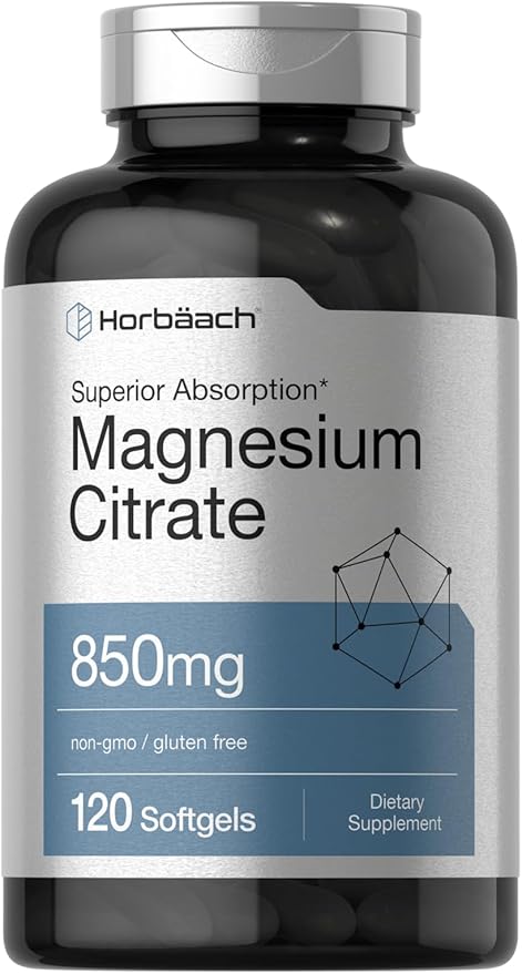 Horbäach Magnesium Citrate | 850mg | 120 Softgels | Superior Absorption | Non-GMO and Gluten Free Formula