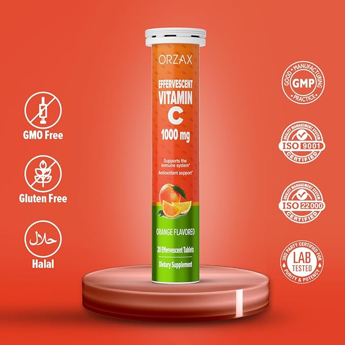 ORZAX Vitamin C 1000 mg Effervescent Tablets | Sugar Free, Gluten Free, GMO Free | Dissolvable Vitamin C Supplement for Immune Support & Antioxidant Support | Orange Flavored (1000mg - 20 Tablets)