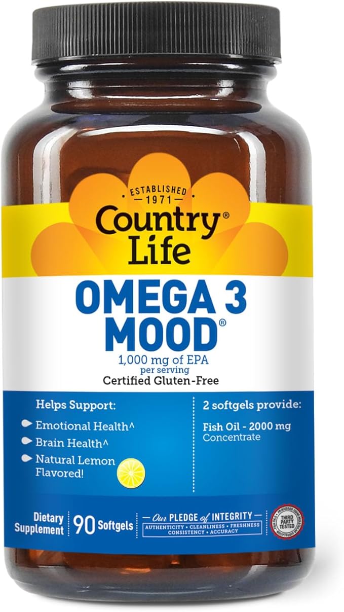 Country Life Omega 3 Mood, 2000mg Fish Oil with EPA & DHA, 90 Softgels, Certified Gluten Free