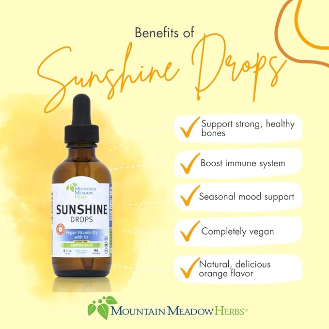 Mountain Meadow Herbs Sunshine Drops | Vegan Vitamin D3 Booster for Healthy Bones & Teeth | Ideal Winter Supplement | Tincture 4oz