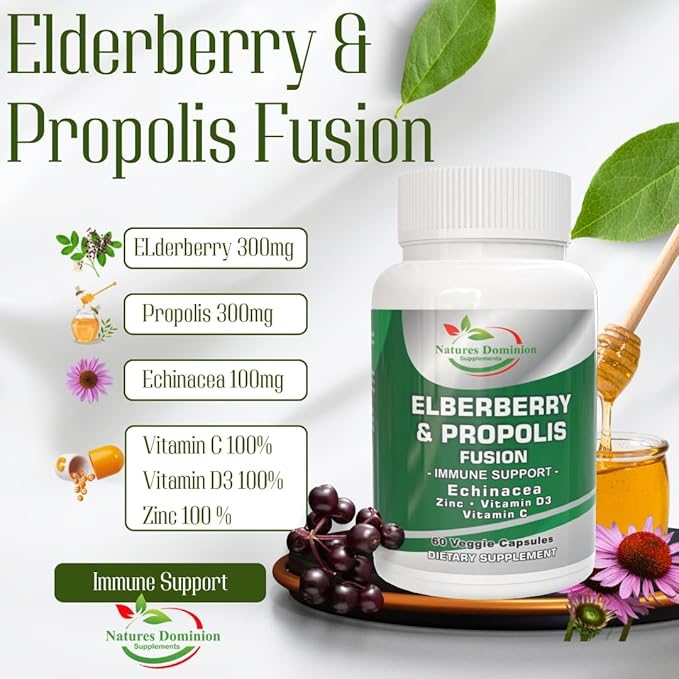 Propolis Extract Organic Elderberry with Echinacea, Vitamin D3, Vitamin C and Zinc. Elderberry Immune Support Supplement with Bee Propolis. Daily Immune Booster. Propolis and Elderberry Fusion