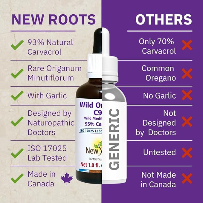 New Roots | Wild Oregano Oil Drops with Garlic (30 ml) | C93 Extra Strength with Highest Concentration Carvacrol (93%), Hand-Picked Mediterranean Oregano Oil Liquid