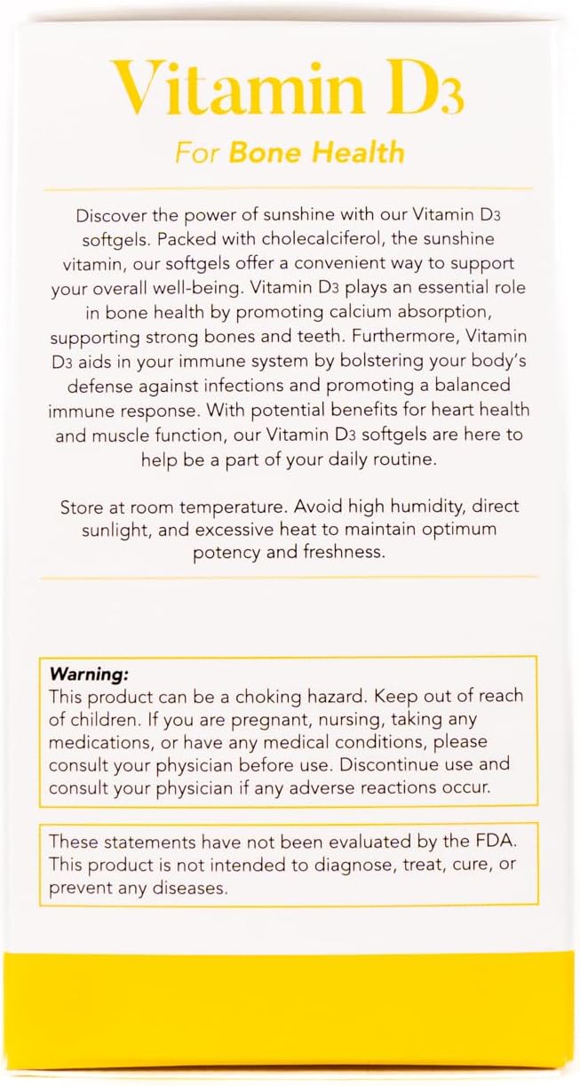 | Vitamin D3 | 50 mcg (2000 IU) Per Softgel | Dietary Supplement for Bone Health | Made in USA | 5 Pack of 60 Count (300 Softgels Total)