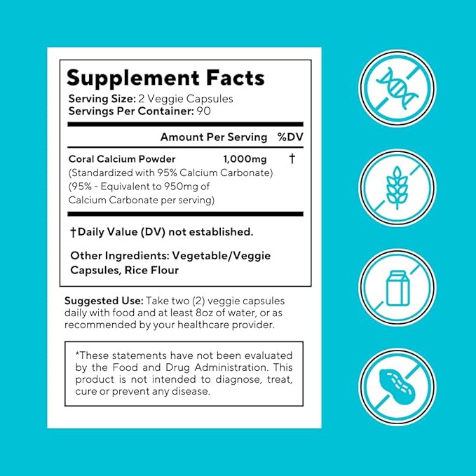 Coral Calcium Powder 1000mg Capsules for Overall Health, Bone Health, PH Level Balance, Trace Minerals Support - 180 Veggie Capsules - Non-GMO & Gluten-Free Supplement