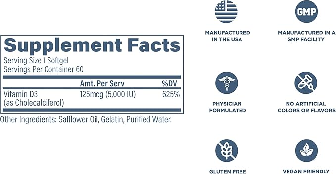 Revive MD Vitamin D3 Supplement, 5000 IU - High Potency Cholecalciferol for Immune Support, Calcium Absorption, Bone & Muscle Health - Non-GMO Dietary Supplement with No Fillers - 60 Softgels