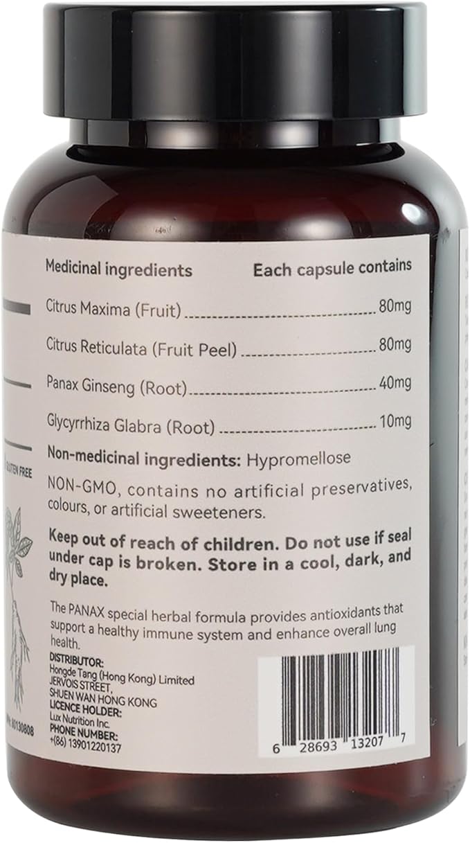 Lung Support Capsules - 60 Count, Herbal Supplement with Citrus Peel & Ginseng, NPN Certified