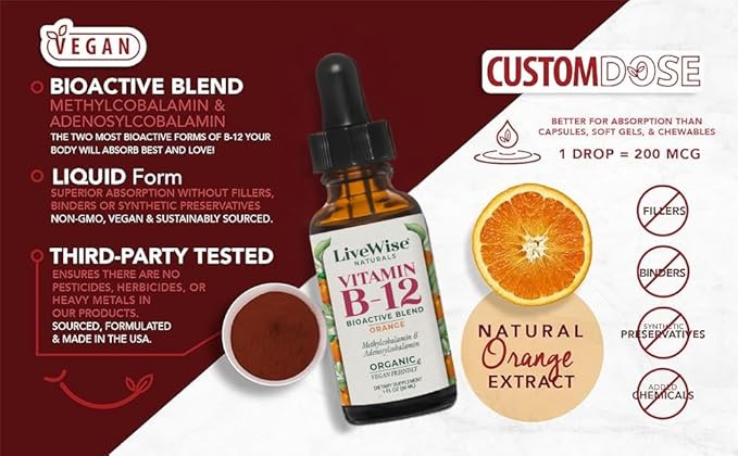 Liquid B12 Vitamin Sublingual – All-Natural Liquid Vitamin Vegan B12 Drops – Non-GMO Adenosylcobalamin Methylcobalamin B12 Supplement – Boost Your Immune System, Metabolism, Energy and Focus!