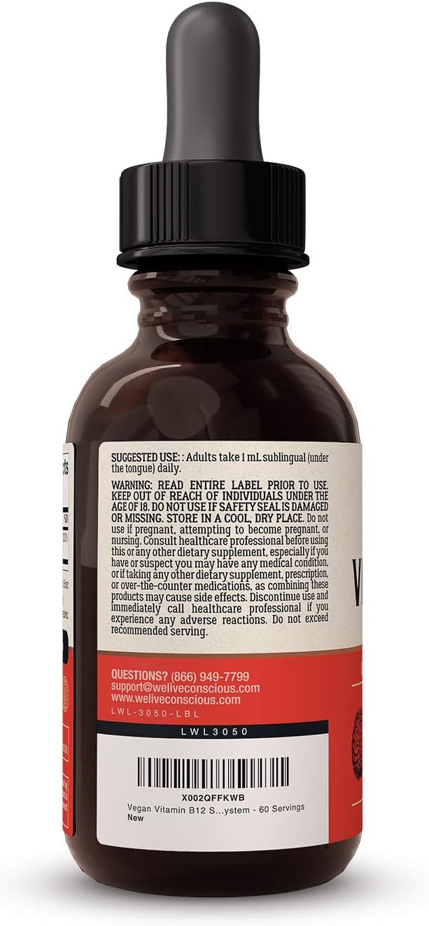 Vegan Vitamin B12 Sublingual Liquid Drops by Live Conscious- Methylcobalamin Max Strength B12 5000mcg Formula - Vegan B 12 Vitamin Support Energy, Promote Memory & Aid Immune System - 60 Serving