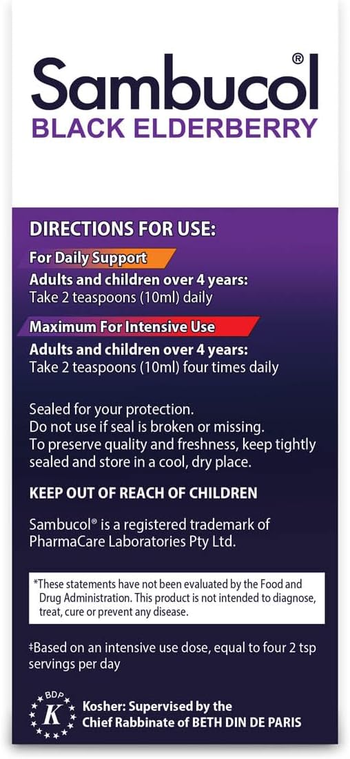 Sambucol Black Elderberry Syrup - Sambucus Elderberry Syrup, Black Elderberry Liquid, Immune Support, Elderberry Syrup for Kids and Adults, High Antioxidants, Gluten Free - Original Formula, 4 Fl Oz
