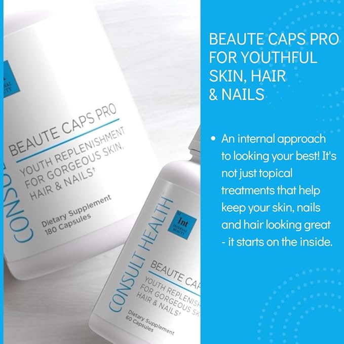 Consult Health Beaute Caps PRO - Supports Healthy Hair, Skin and Nails - 10,500 mcg Biotin for Hair Vitamin B7 - Red Orange Complex - MSM - Collagen - Anti-Aging Supplement for Women & Men - 180 Count