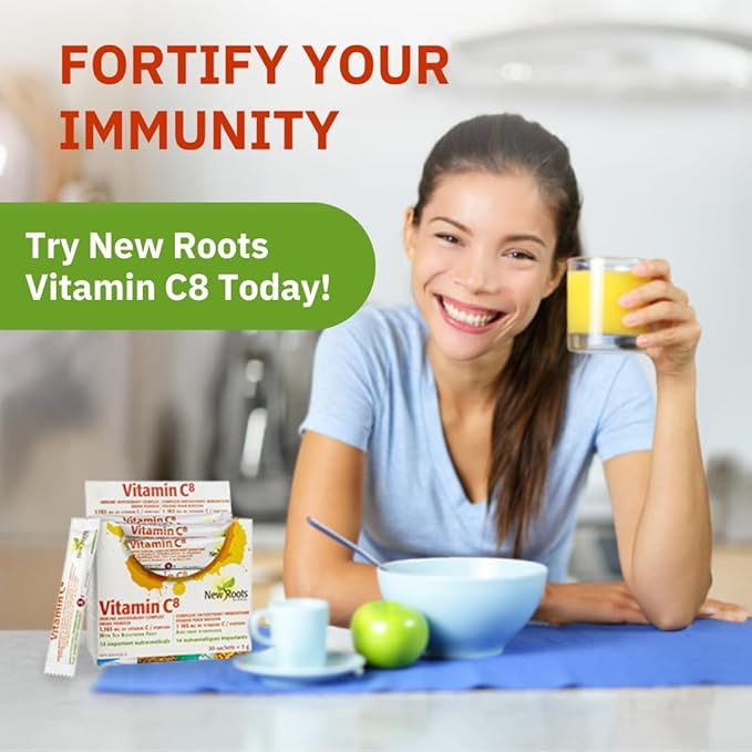 New Roots | Vitamin C⁸ Powder Immune Support | 30 Sachets, 1165 mg Vitamin C | 8 Unique Buffered Forms, Electrolytes, Bioflavonoids & Green Tea for Maximum Absorption & Antioxidant Defense
