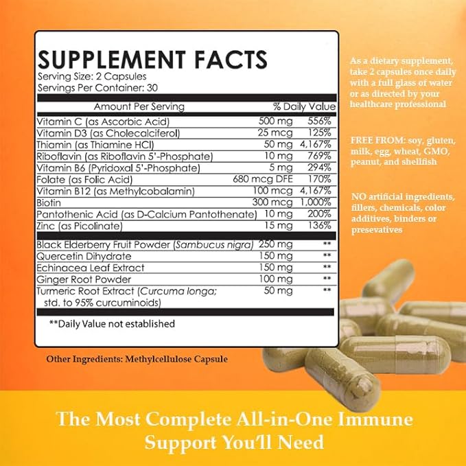Immunity Support Booster with Vitamin C, D, Elderberry, Echinacea, Zinc, Quercetin, Curcumin, Ginger, B Vitamins Supplement, Vegan, Gluten Free, No Gelatin