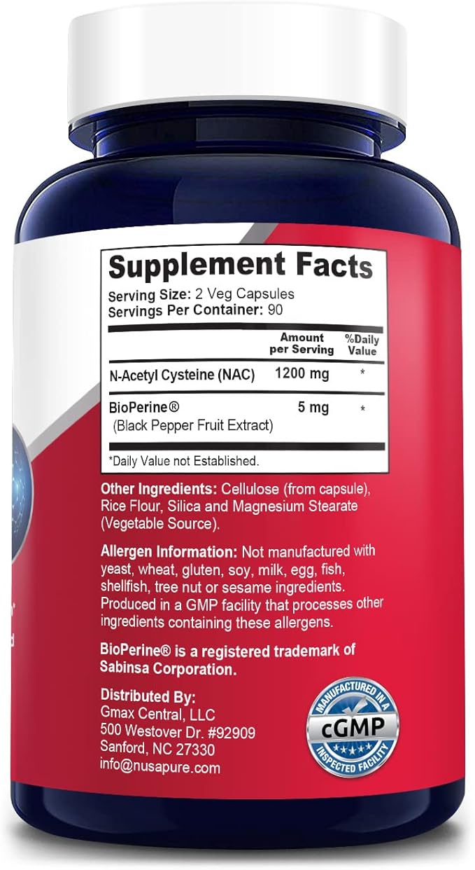 NusaPure N-Acetyl Cysteine (NAC) 1200mg 180 Veggie Caps (Vegetarian, Non-GMO, Gluten Free) Bioperine