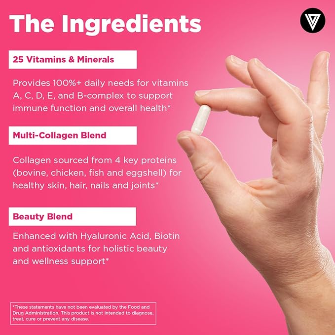 Vital Vitamins Women's Multivitamin Complex (4-Pack) - Made with Multi-Collagen Blend, Hyaluronic Acid, & MSM - Beauty Multivitamin for Women - with Vitamin A, C, E, B6, B12, D3