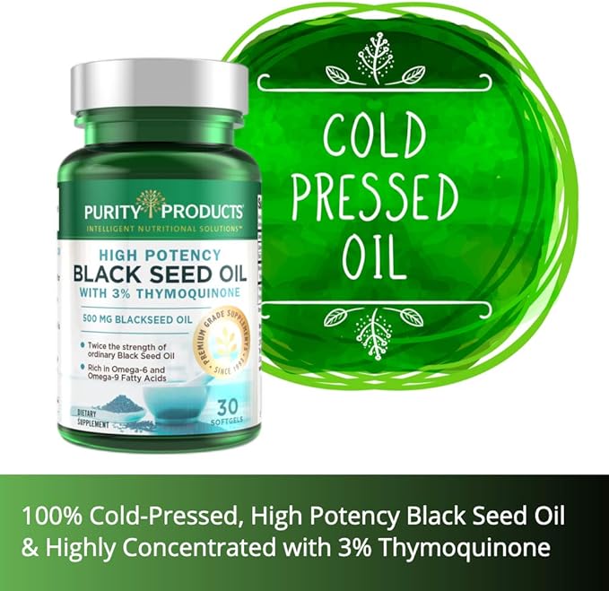 Purity Products High Potency Black Seed Oil - Double Strength + Cold Pressed - 3% Thymoquinone - 500 mg Black Cumin Seed Oil - Omega 6 + 9 Essential Fatty Acids - Easy to Swallow - 30 Mini Softgels