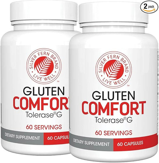 Silver Fern Gluten Comfort with Tolerase G - 2 Bottles - 60 Capsules Each - Digestive Enzyme Made Specifically to Break Down and Digest Gluten Protein