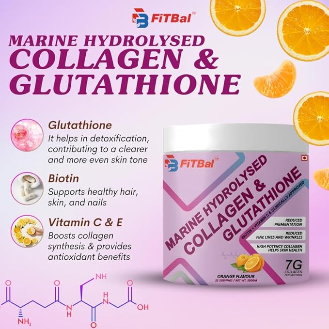 Marine Hydrolysed Collagen & Glutathione Powder – 7g Collagen per Serving with Biotin, Vitamin C & E for Improve Skin Health