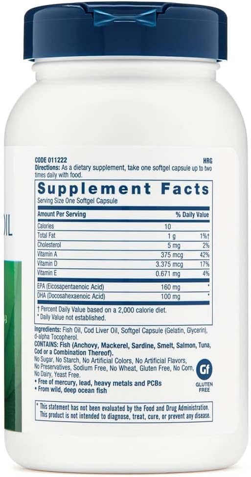 GNC Cod Liver Oil Omega 3 Supplement, 260mg EPA and DHA, Supports Heart, Brain, Skin, Eye and Joint Health, 90 Softgels