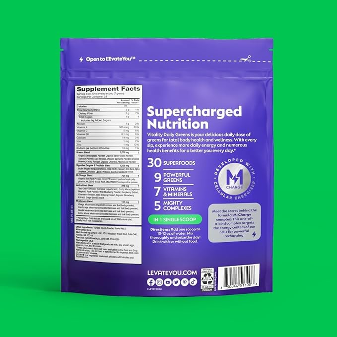 L'Evate You Vitality Daily Greens, Variety Pack (3 Bags, 84 Servings) 30 Superfoods, 9 Greens - for Cellular Energy Boost, Powered by M-Charge Complex for All Day Energy