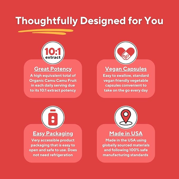 Organic Camu Camu Extract 20% Vitamin C Capsules - Immune, Collagen, Metabolism Support - 120 Veggie Capsules - Non GMO, Gluten Free, Vegan Supplement