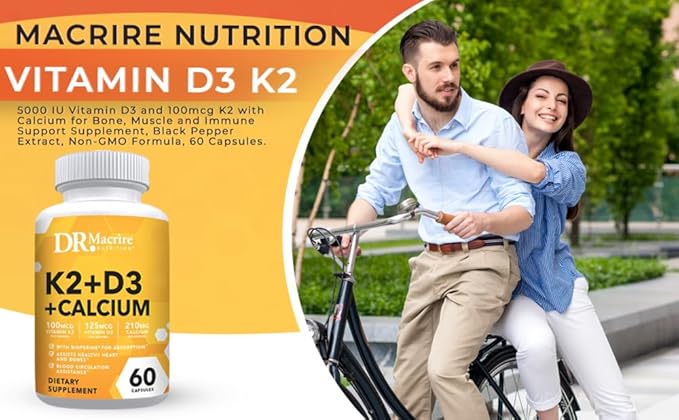Vitamin D3 K2, 5000 IU Vitamin D3 and 100mcg K2 with Calcium for Bone, Muscle and Immune Support Supplement, Black Pepper Extract, Non-GMO Formula, 60 Capsules.
