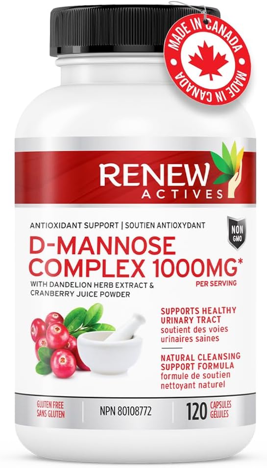 Renew Actives High Potency D-Mannose & Cranberry Complex 1000MG per 2 Capsules – with Hibiscus & Dandelion Extracts – Antioxidant Blend – No Artificial Flavours - Made in Canada - 120 Capsules