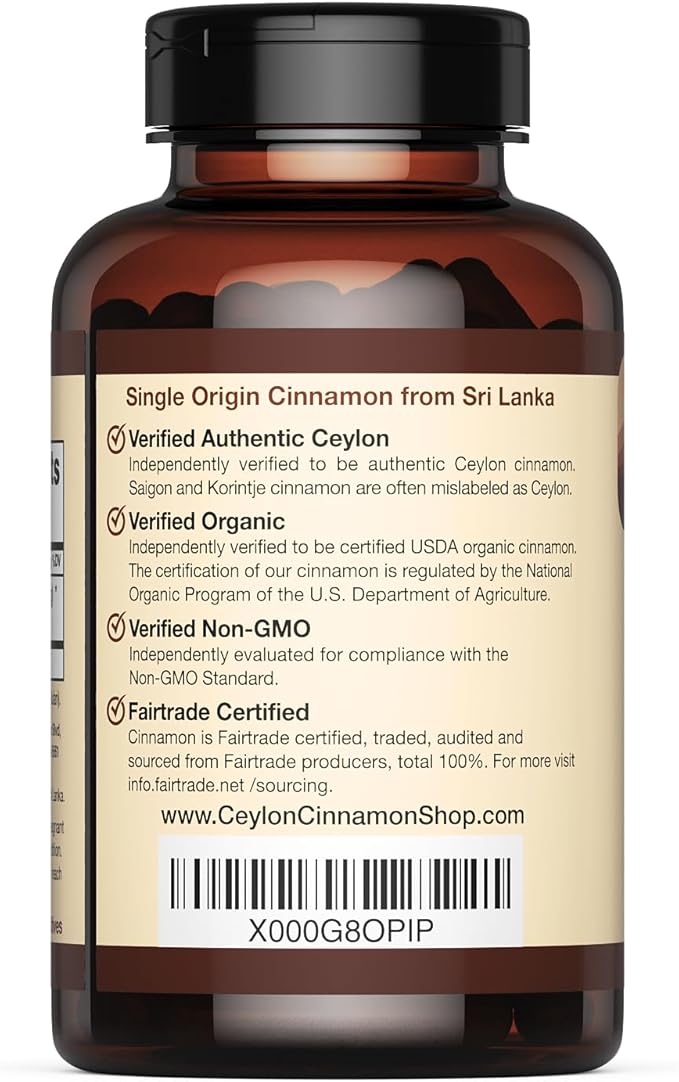 Organic Ceylon Cinnamon (100% Certified) Supplement, 90 Capsules